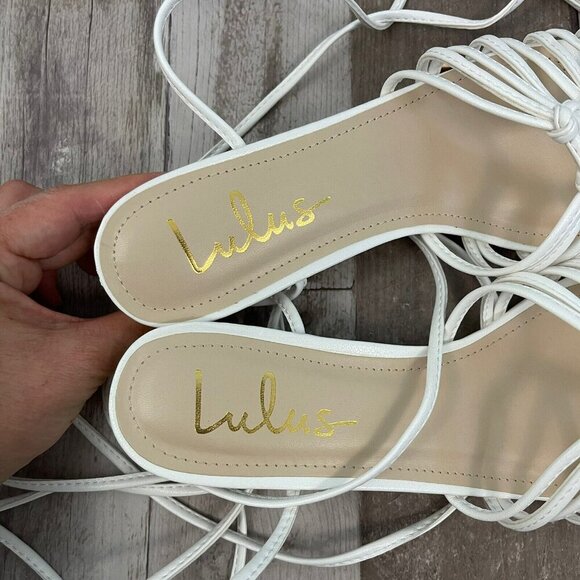 Lulu's Lace-up Strappy White Sandals Size 8.5 M Square Toe Low Block Heel - Picture 10 of 13